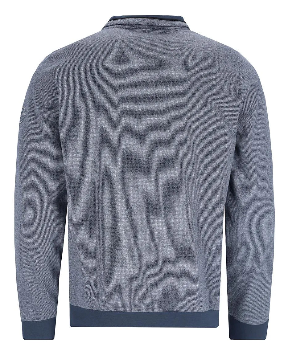 Anthrazitgraue, strukturierte Bomberjacke mit marineblauen Ärmelbündchen und Saum, inspiriert vom klassischen Fliegerstil.