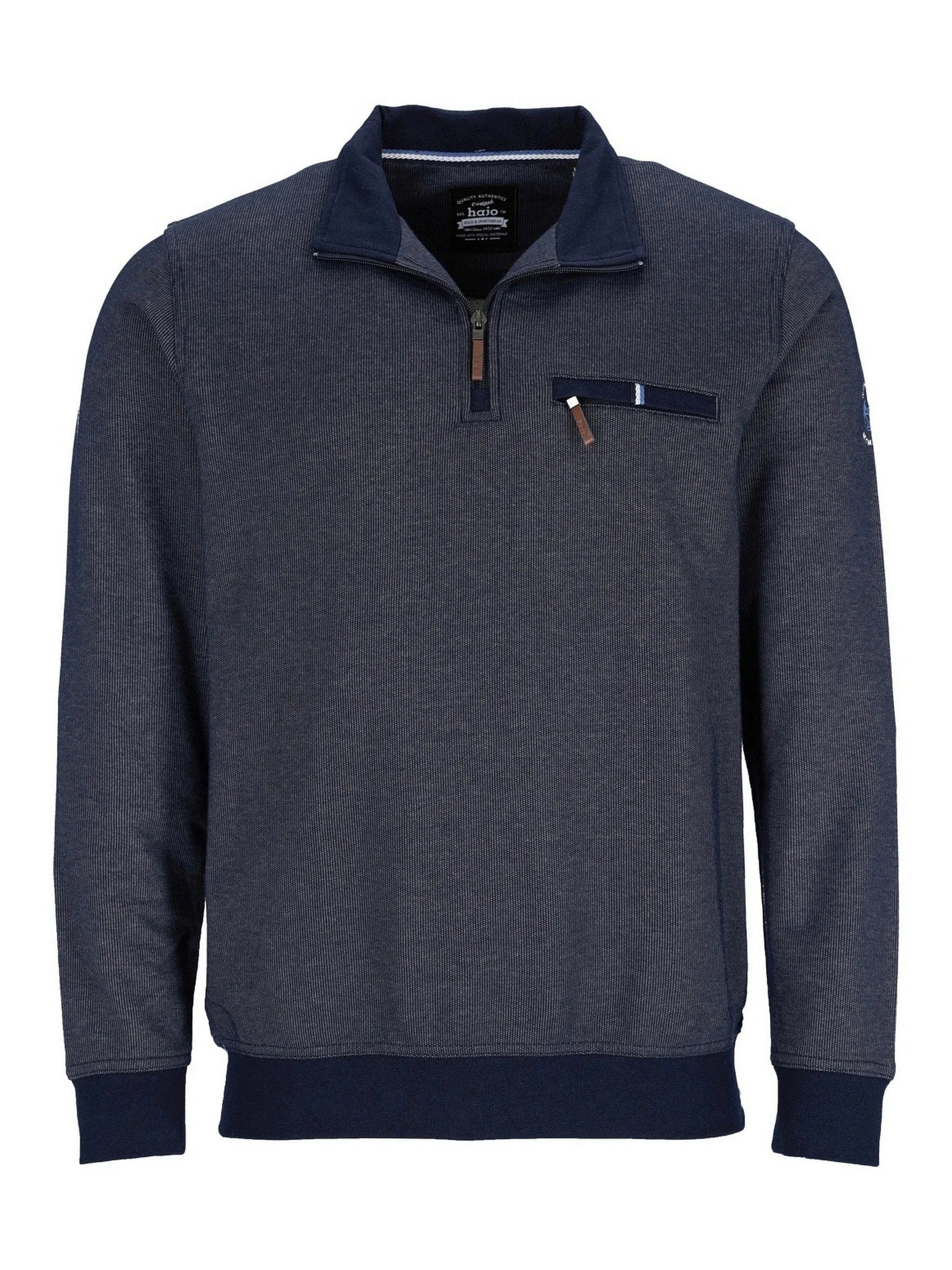 Marineblaues strukturiertes Sweatshirt mit Halb-Reißverschluss und Taschen-Detail.