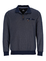 Marineblaues strukturiertes Sweatshirt mit Halb-Reißverschluss und Taschen-Detail.