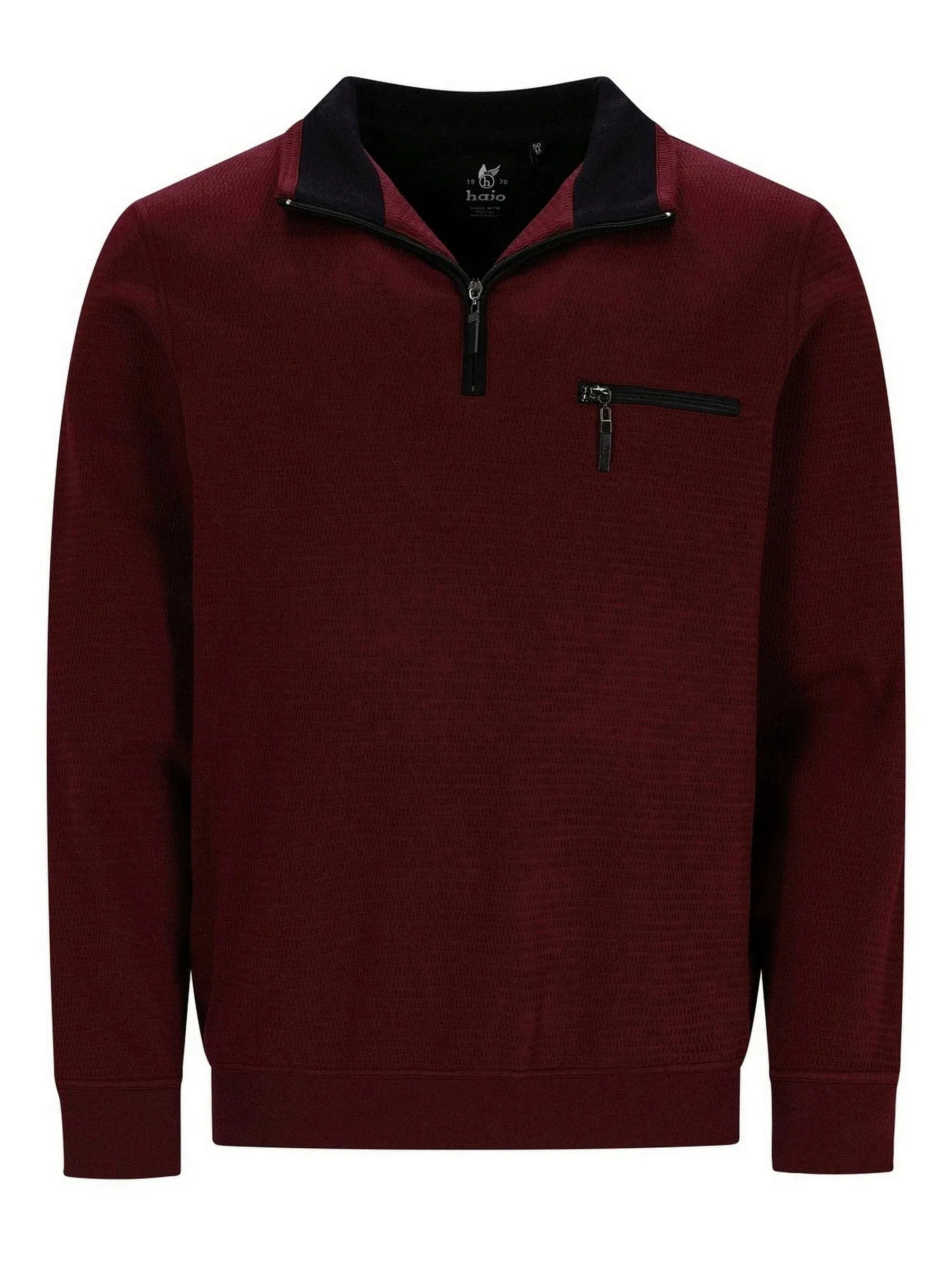 Bordeaux-Pullover mit schwarzen Akzenten und Reißverschluss-Detail, wahrscheinlich aus Baumwolle oder Polyester-Mischung gefertigt.