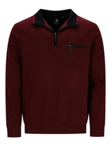 Bordeaux-Pullover mit schwarzen Akzenten und Reißverschluss-Detail, wahrscheinlich aus Baumwolle oder Polyester-Mischung gefertigt.