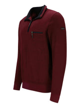Merlot-farbener Pullover mit schwarzem Reißverschluss und Kontrastkragen, wahrscheinlich aus Baumwolle oder Polyester-Mischung gefertigt.