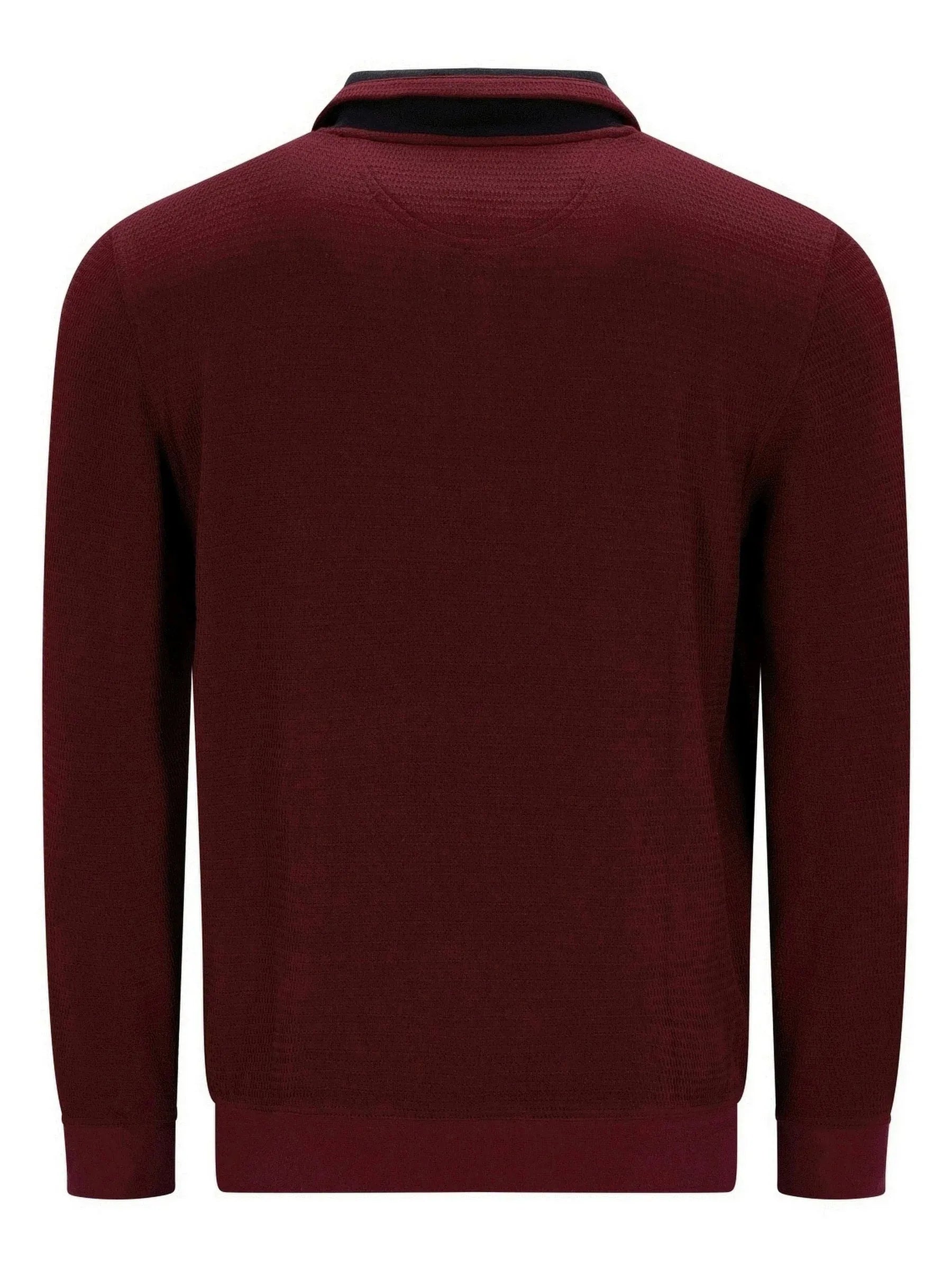 Bordeaux-Pullover mit schwarzem Kragen und Manschetten, gerippte Textur.