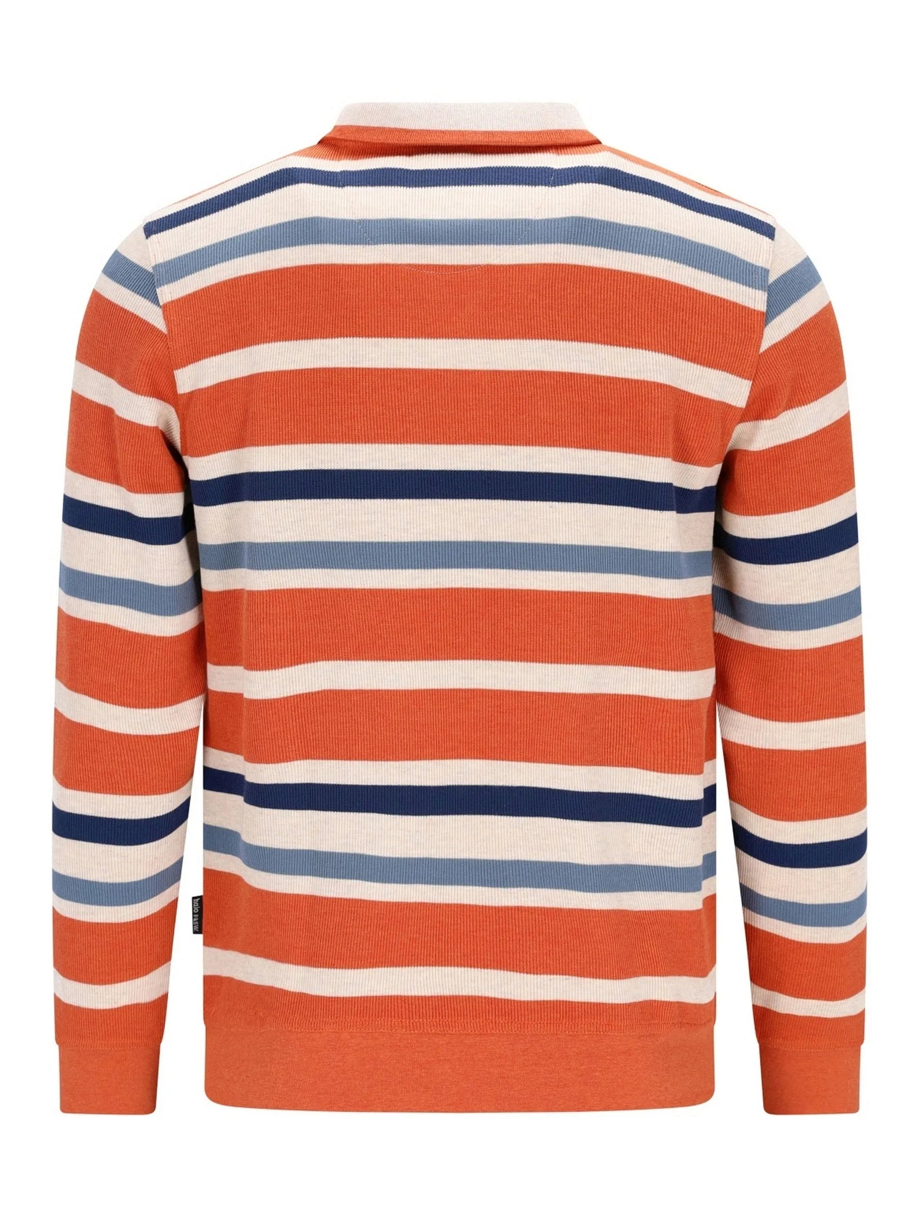 Orange- und blau gestreiftes Poloshirt mit weißem Kragen.