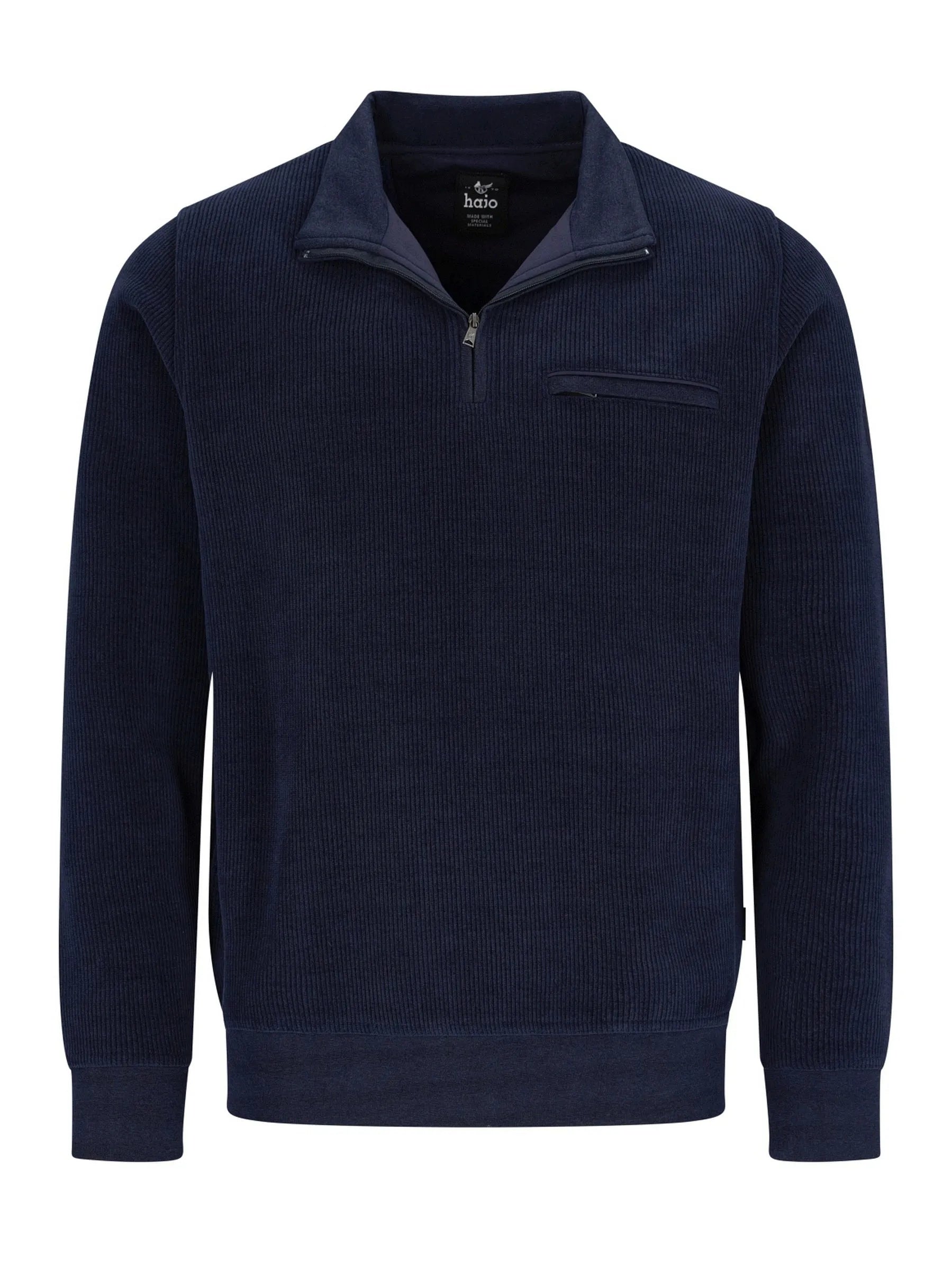 Marineblaues Reißverschluss-Pullover mit gerippter Textur und Taschen-Detail.