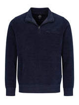 Marineblaues Reißverschluss-Pullover mit gerippter Textur und Taschen-Detail.