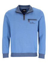 Blauer strukturiertes Viertelreißverschluss-Pullover mit Kontrastkragen und - Manschetten, mit einem kleinen gestickten Logo auf der Brust.
