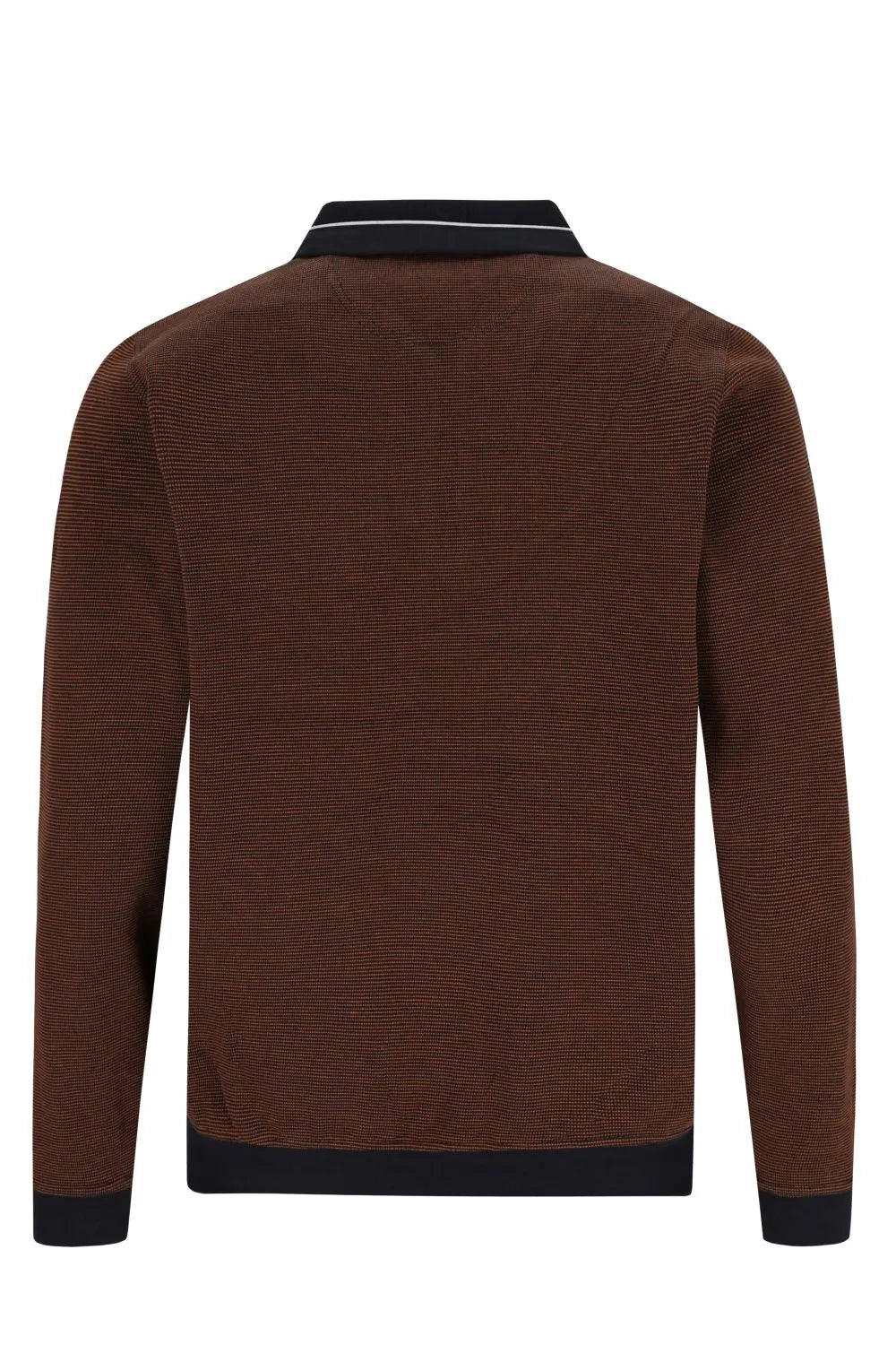 Braun strukturierter strick-polo mit marineblauem kragen und bündchen mit weißen piping akzenten im zweitonoptik sweatshirt