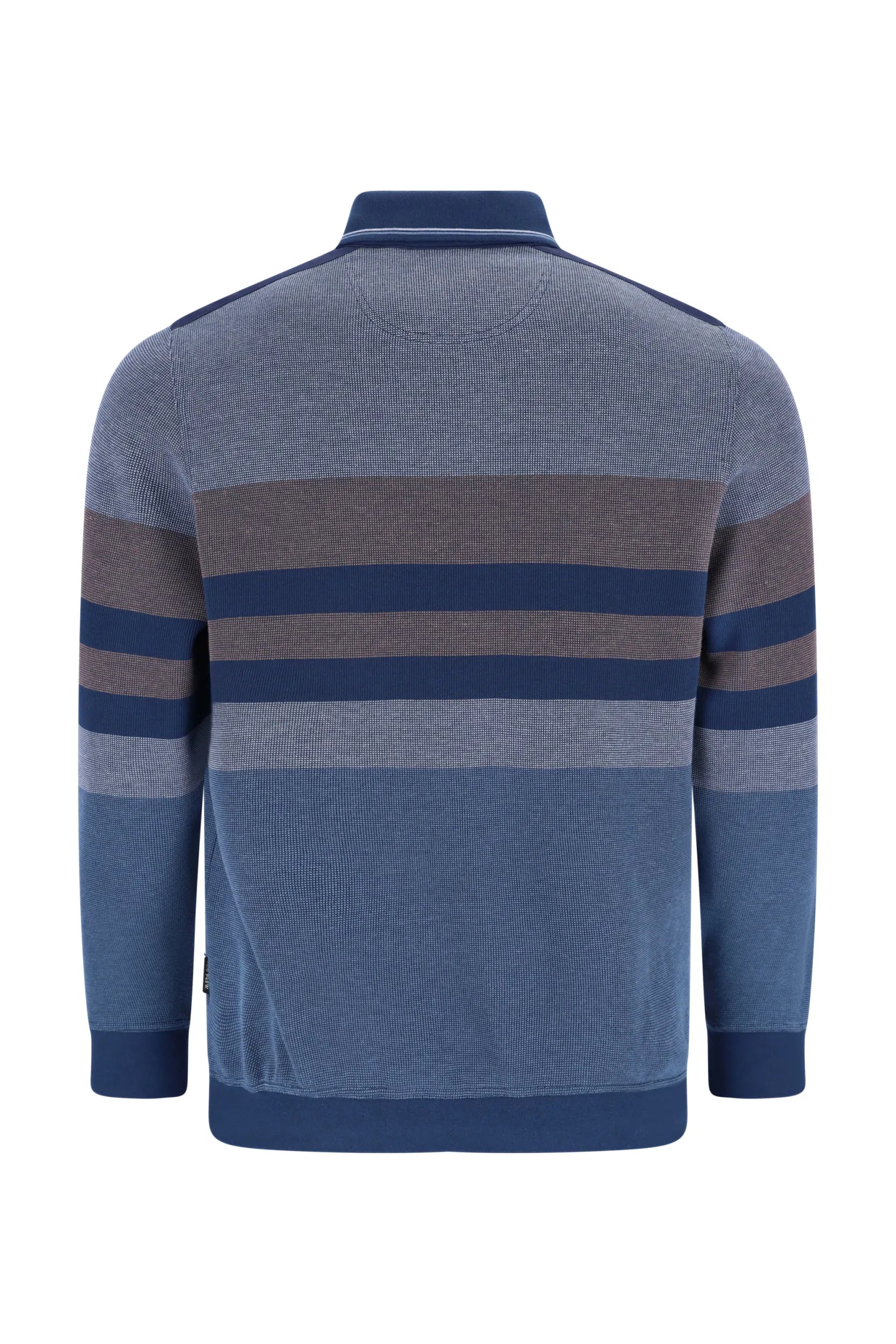 Blau und grau gestreiftes Poloshirt mit Rippenstrickstruktur.