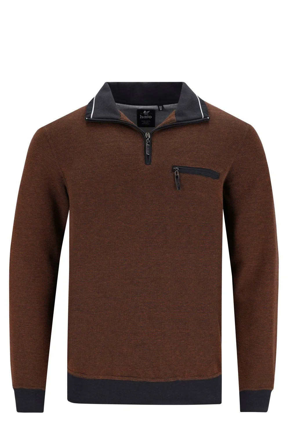Brauner sweatshirt in zweitonoptik mit halbreißverschluss und schwarzen akzenten an kragen, bündchen und saum