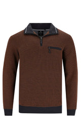 Brauner sweatshirt in zweitonoptik mit halbreißverschluss und schwarzen akzenten an kragen, bündchen und saum