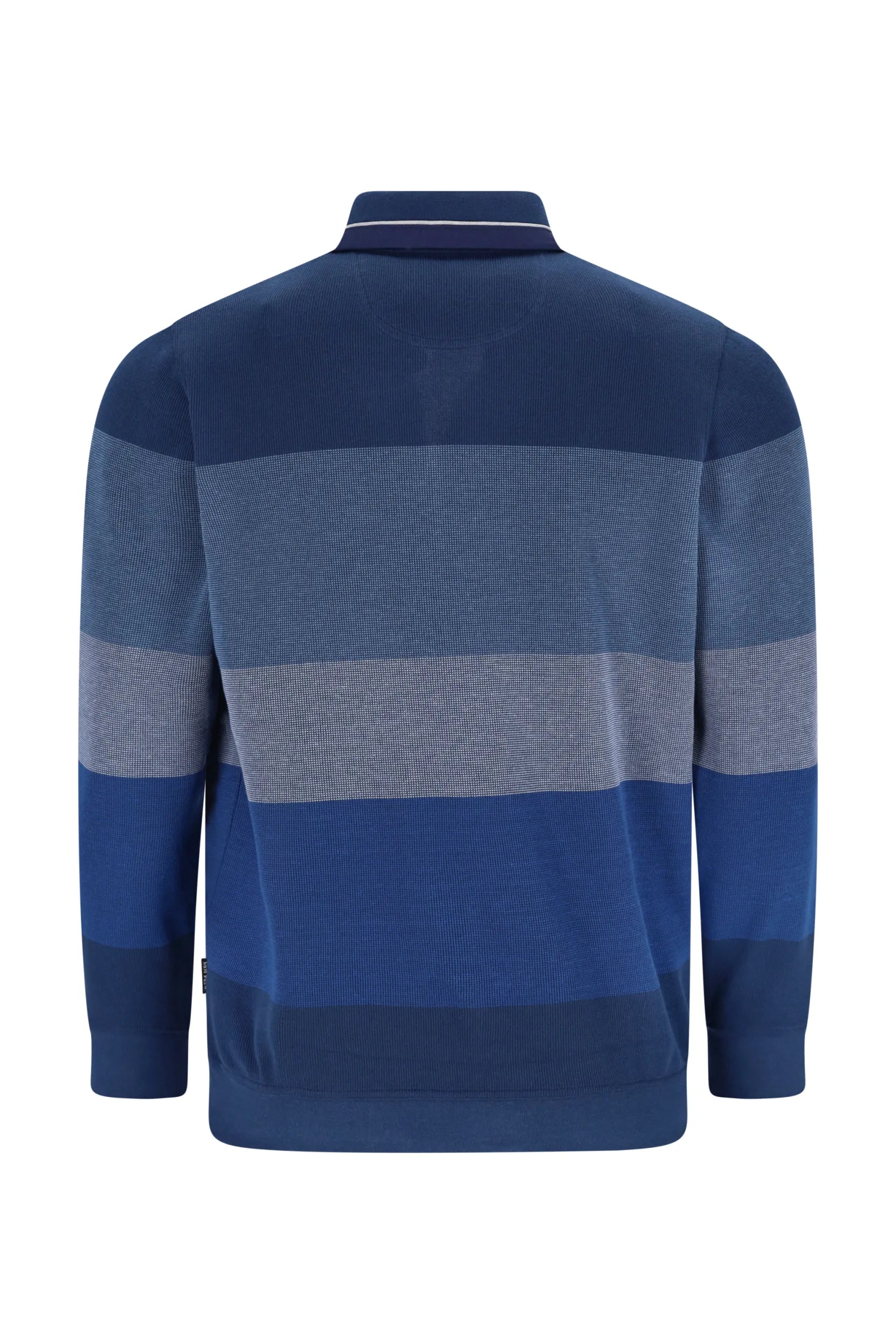 Blau und grau gestreiftes Poloshirt mit strukturiertem Strickmuster.