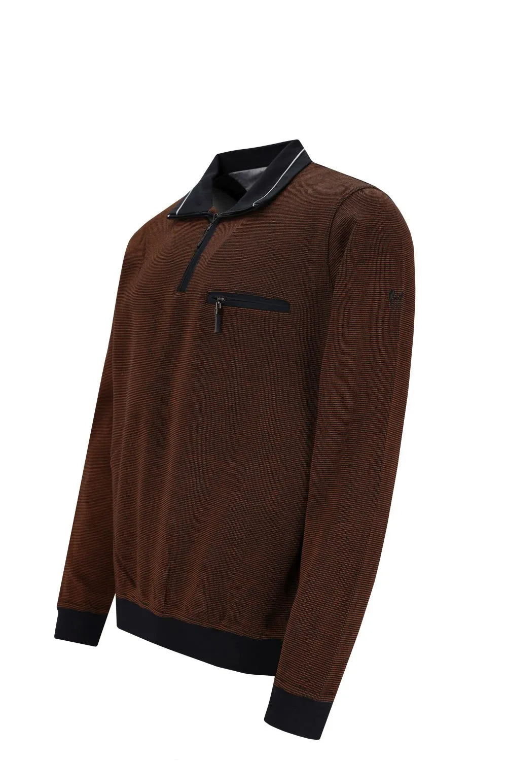 Brauner langärmeliger pullover mit schwarzem kragen, bündchen und saum in zweitonoptik material