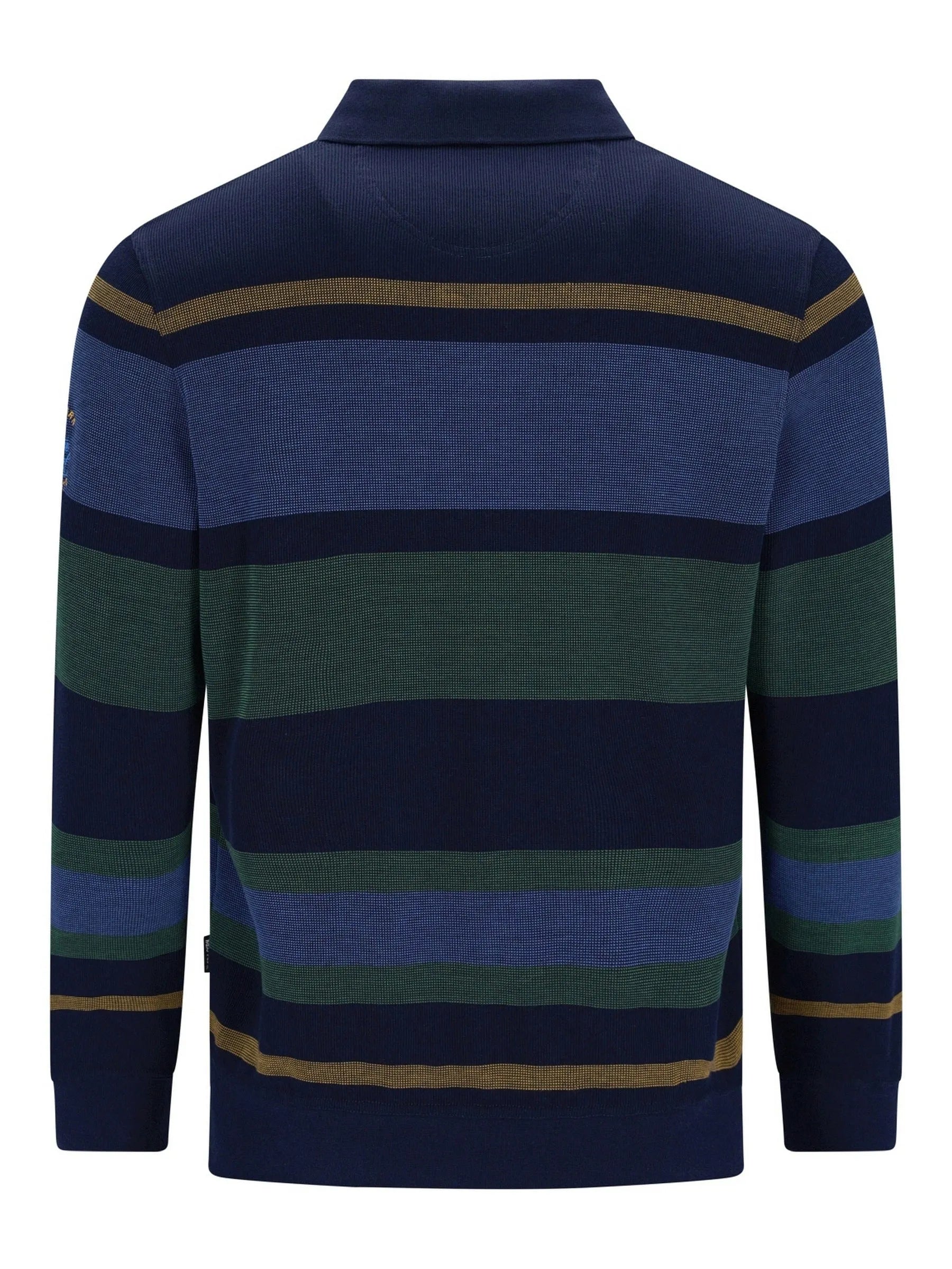 Marineblaues und grünes gestreiftes Poloshirt mit goldenen Akzenten, wahrscheinlich aus Baumwolle oder Polyester-Mischung gefertigt.
