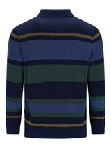 Marineblaues und grünes gestreiftes Poloshirt mit goldenen Akzenten, wahrscheinlich aus Baumwolle oder Polyester-Mischung gefertigt.