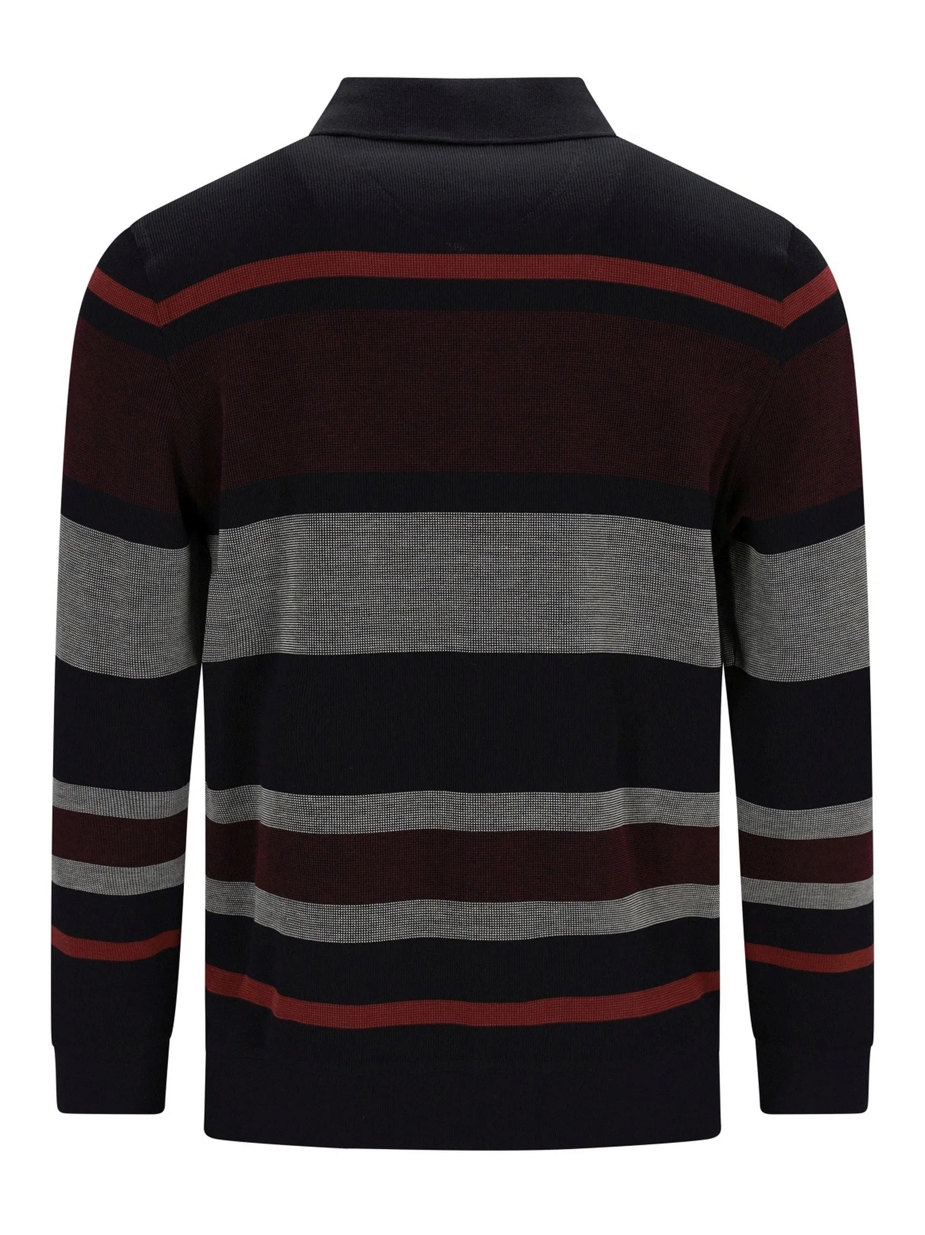 Schwarz- und graugestreiftes Poloshirt mit roten Akzenten, aus Baumwolle.