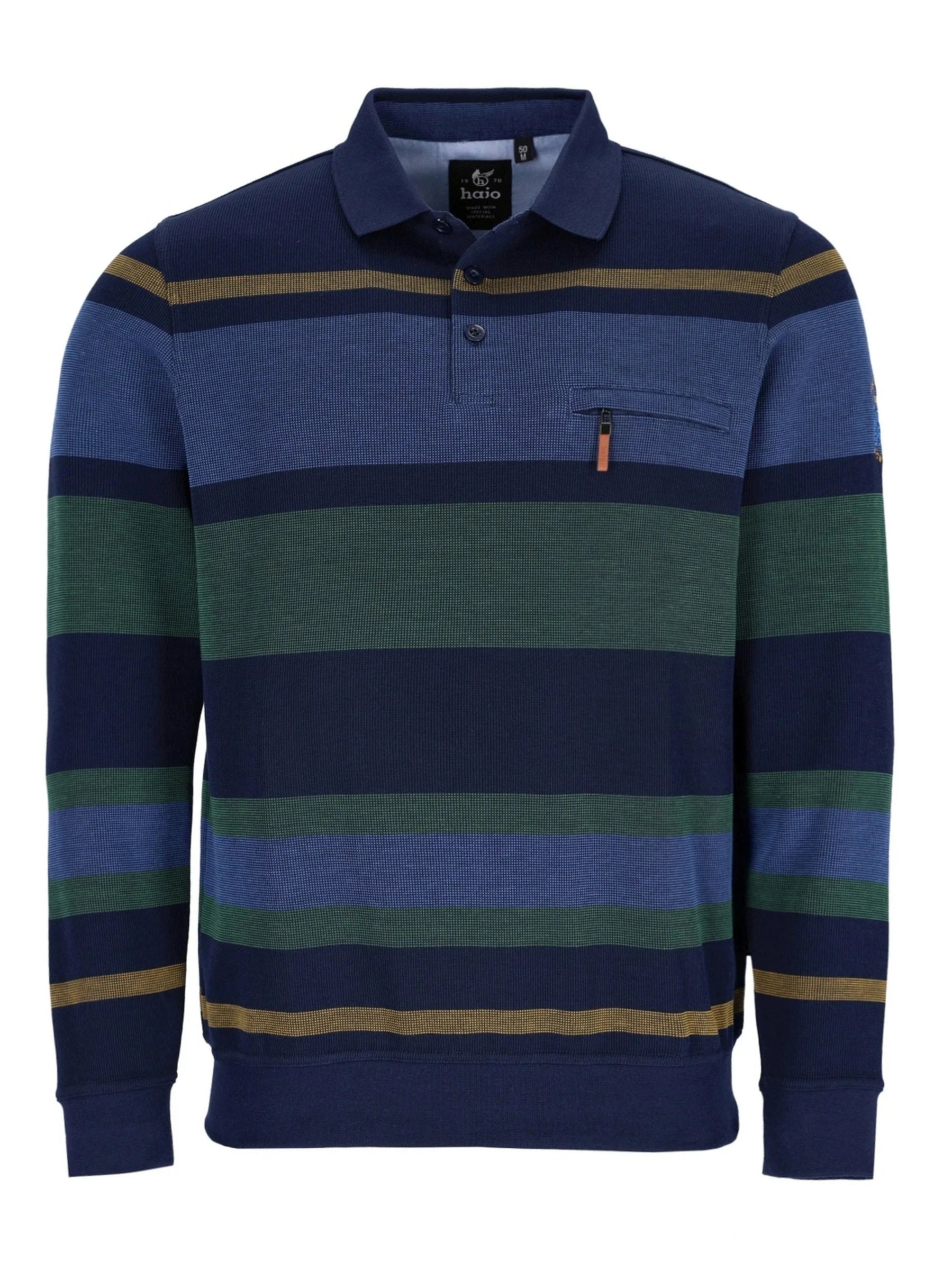 Marineblaues gestreiftes Poloshirt mit grünen und goldenen Akzenten, Taschen-Detail.