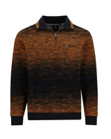 Braun und schwarz gestreifter Pullover mit halbem Reißverschlusskragen.