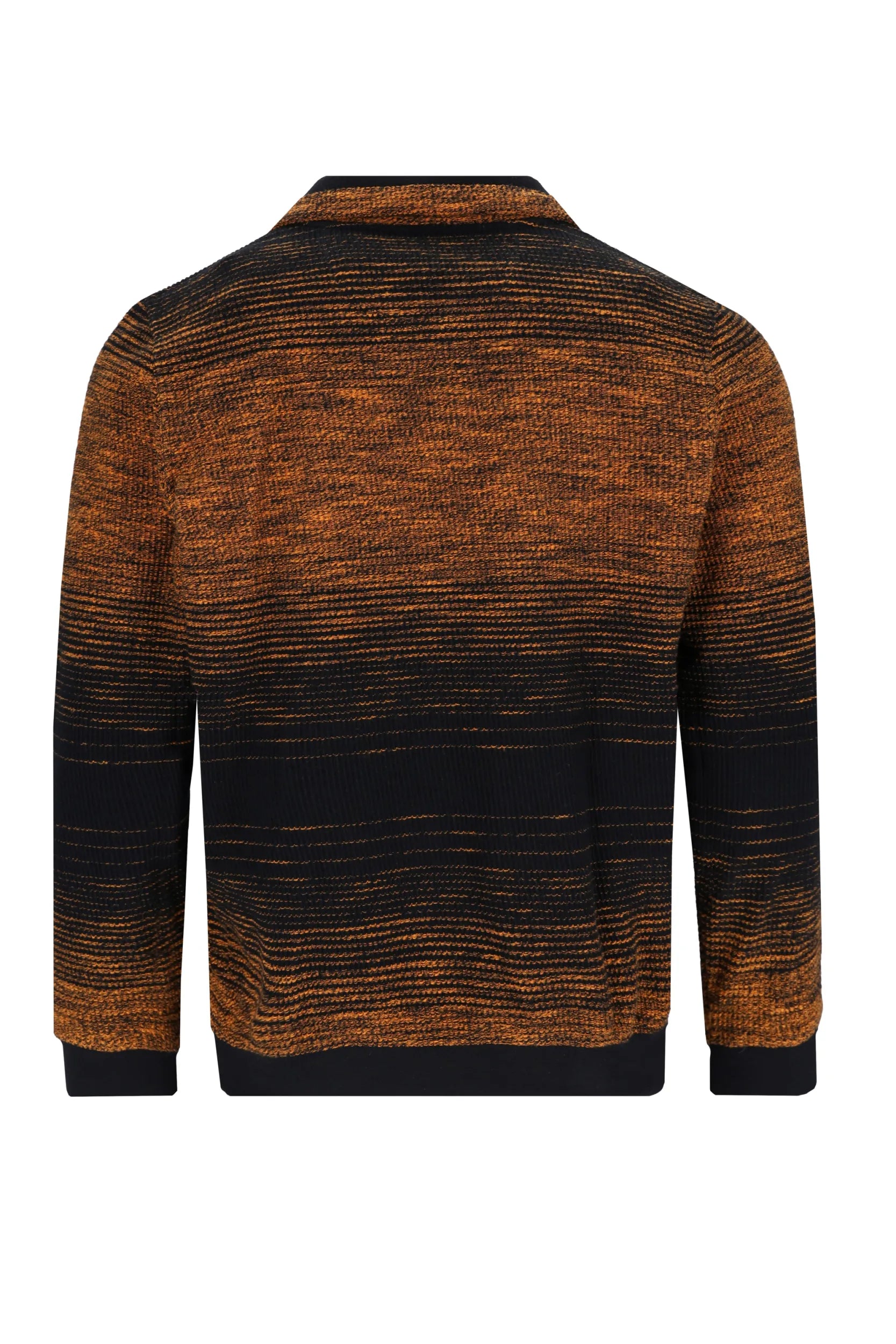Braun und schwarz gestreifter Pullover mit Reißverschluss.