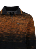 Braun und schwarz gestreifter Pullover mit Reißverschluss, wahrscheinlich aus Baumwoll- oder Polyestergemisch.