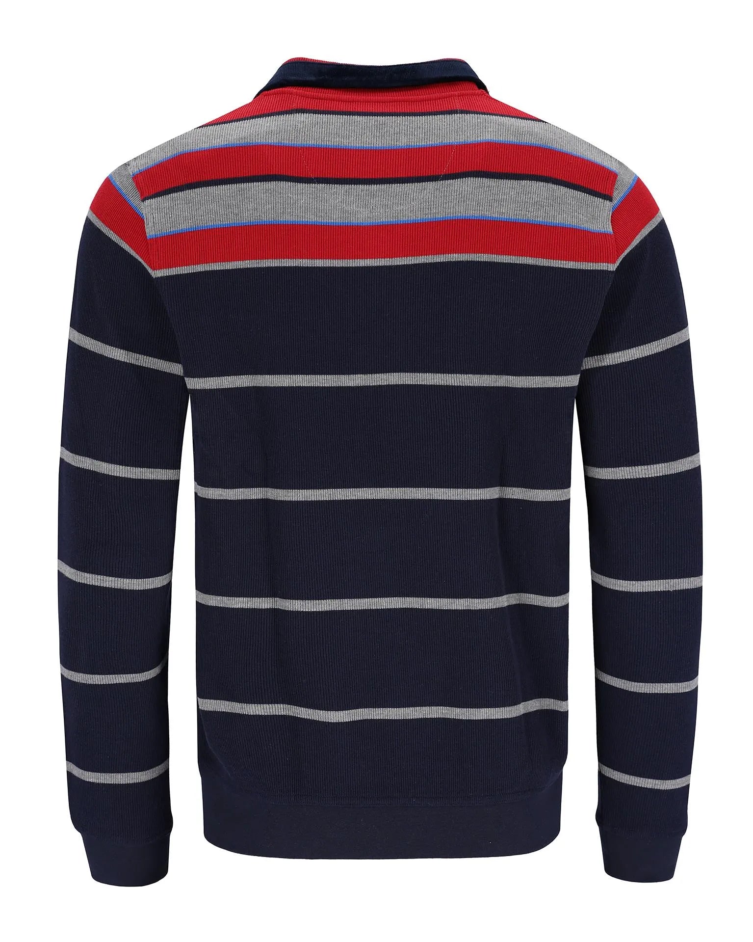 Marineblau gestreiftes Poloshirt mit roten und grauen Akzenten, aus Baumwolle.