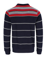 Marineblau gestreiftes Poloshirt mit roten und grauen Akzenten, aus Baumwolle.