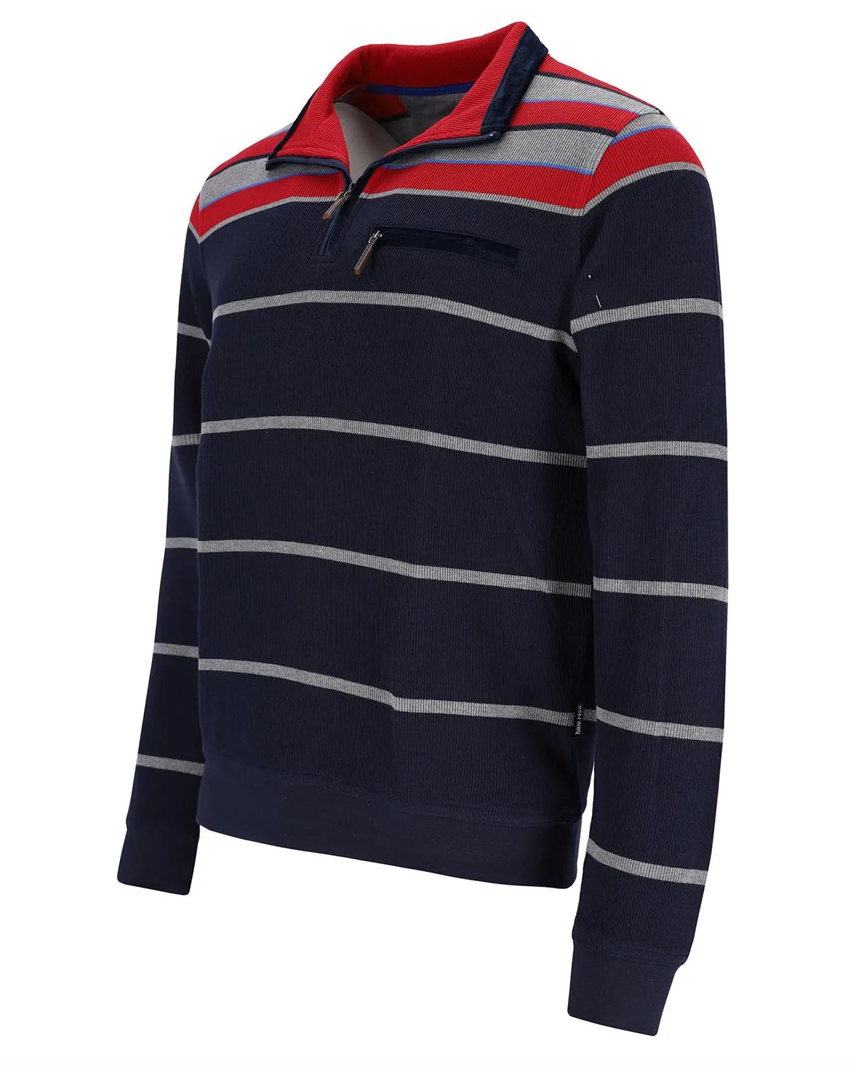 Marineblau und rot gestreifter Pullover mit Viertelreißverschluss und geripptem Kragen aus Baumwolle.