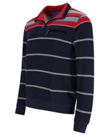 Marineblau und rot gestreifter Pullover mit Viertelreißverschluss und geripptem Kragen aus Baumwolle.