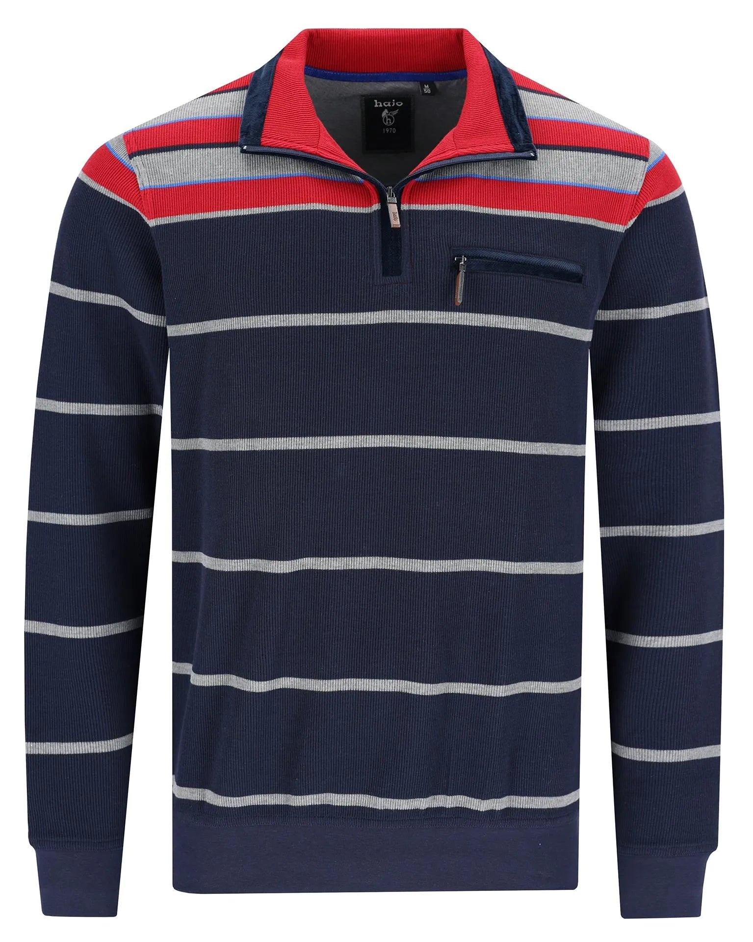 Marineblau und rot gestreiftes Poloshirt mit einem Viertel-Reißverschlusskragen, aus Baumwolle.