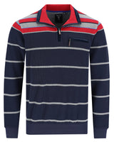 Marineblau und rot gestreiftes Poloshirt mit einem Viertel-Reißverschlusskragen, aus Baumwolle.
