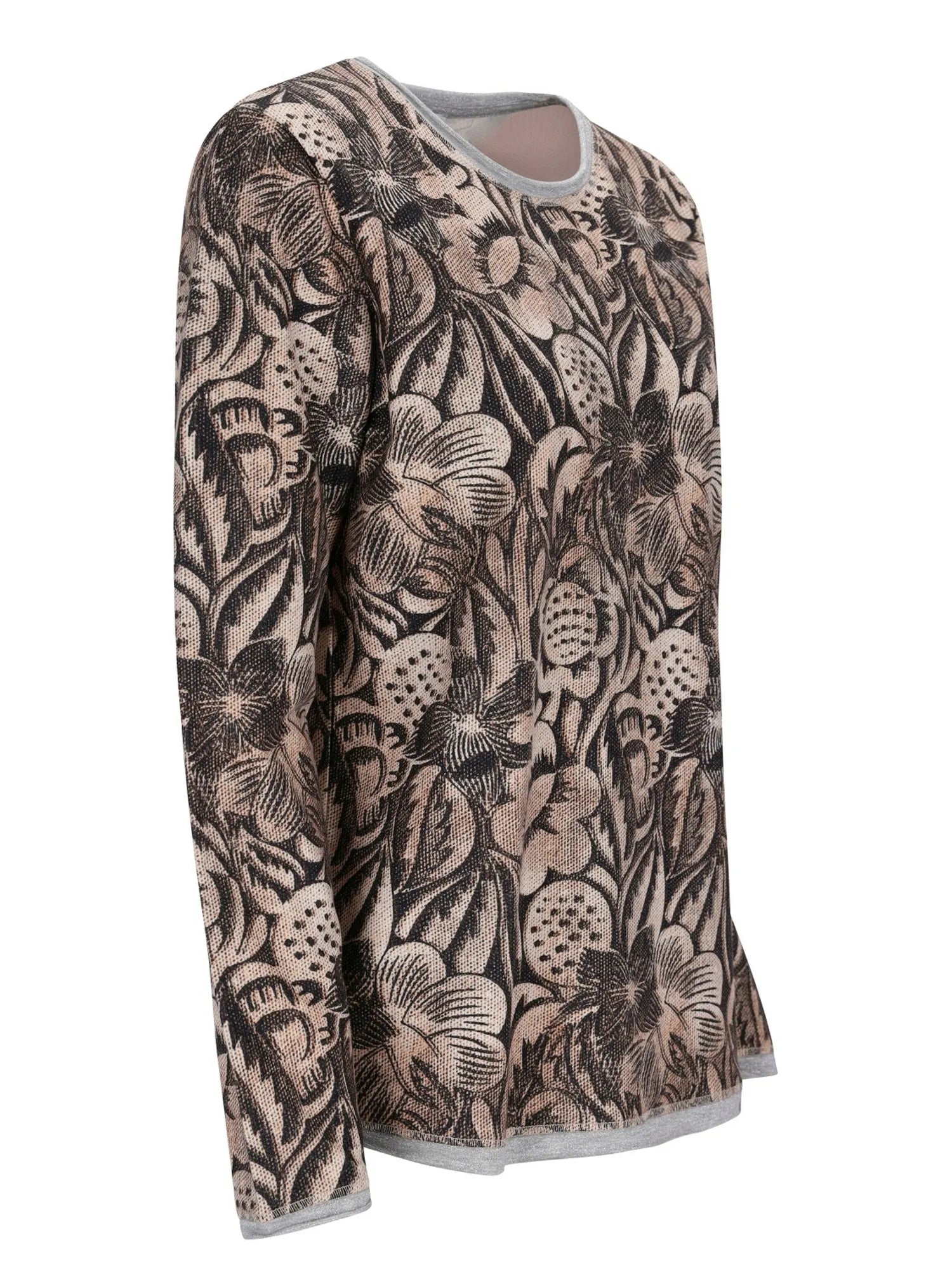 Bluse mit Blumenmuster, langen Ärmeln und Rundhals, mit erdigen Tönen von Braun und Beige auf weichem Stoff.
