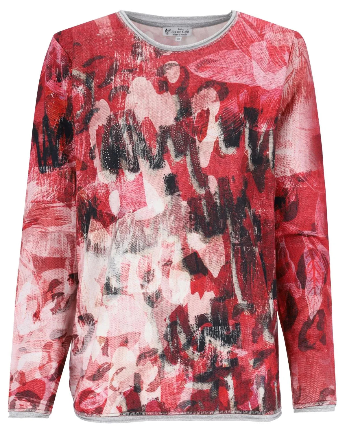 Rot-weißes Langarmshirt mit abstraktem Print und Netzärmeln, mit Rundhalsausschnitt.