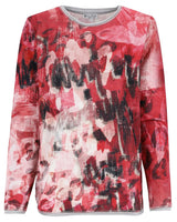 Rot-weißes Langarmshirt mit abstraktem Print und Netzärmeln, mit Rundhalsausschnitt.