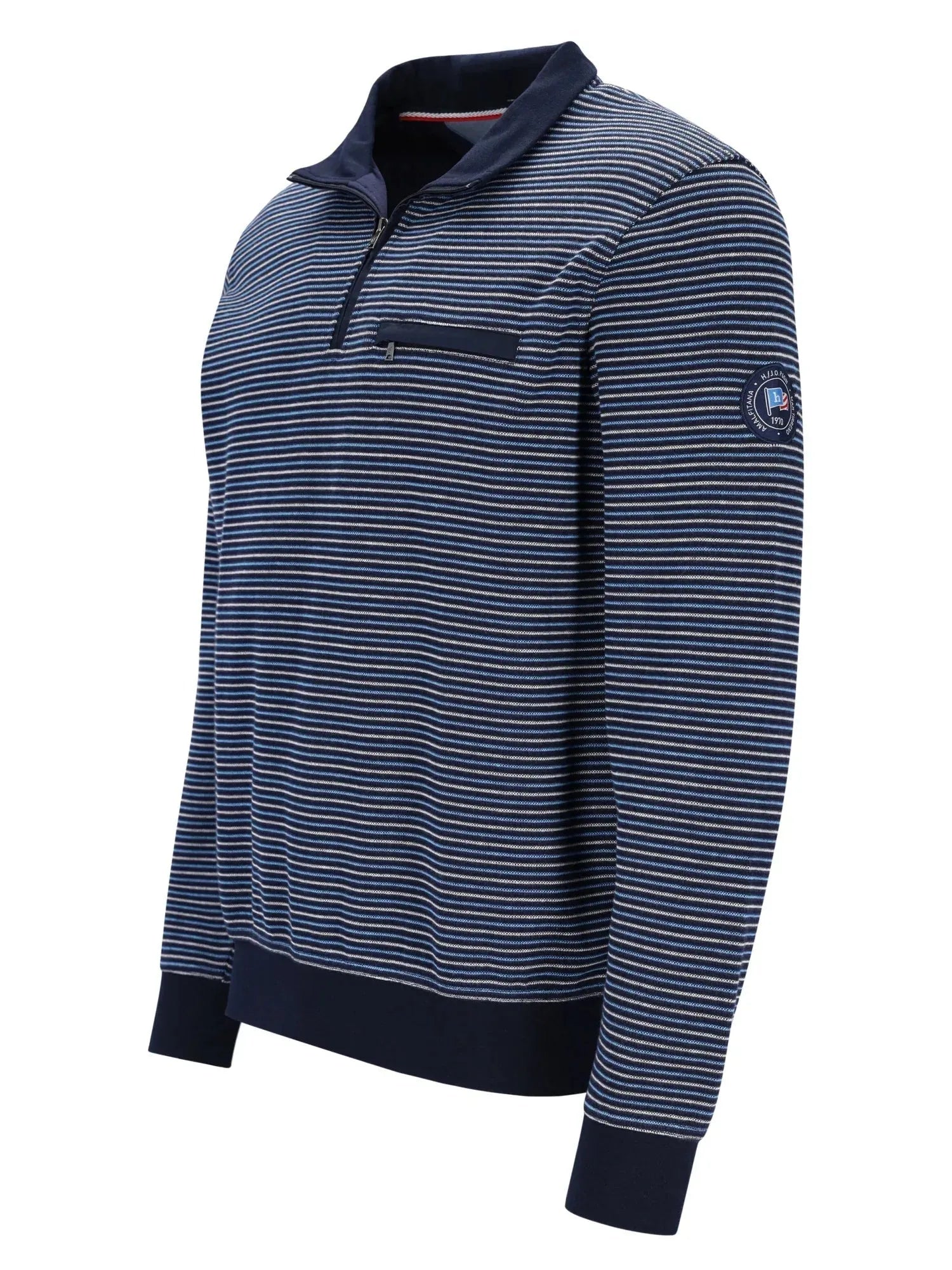 Marineblaues und weißes gestreiftes Poloshirt mit Halb-Reißverschlusskragen, aus Baumwolle gefertigt.