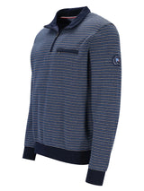 Marineblaues und weißes gestreiftes Poloshirt mit Halb-Reißverschlusskragen, aus Baumwolle gefertigt.
