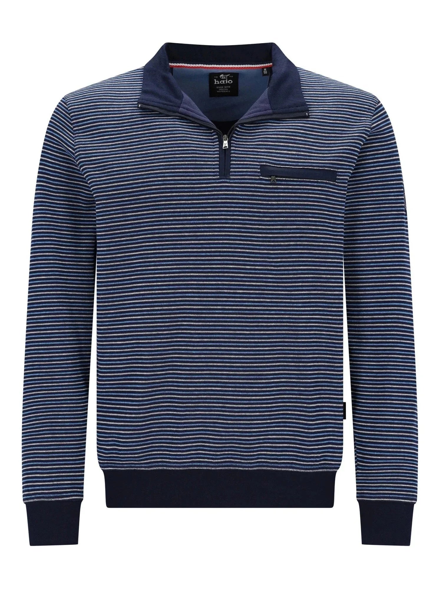 Marineblaues und weißes gestreiftes Poloshirt mit Half-Zip-Design, Taschen-Detail und gerippten Manschetten.
