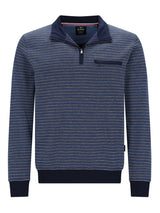 Marineblaues und weißes gestreiftes Poloshirt mit Half-Zip-Design, Taschen-Detail und gerippten Manschetten.