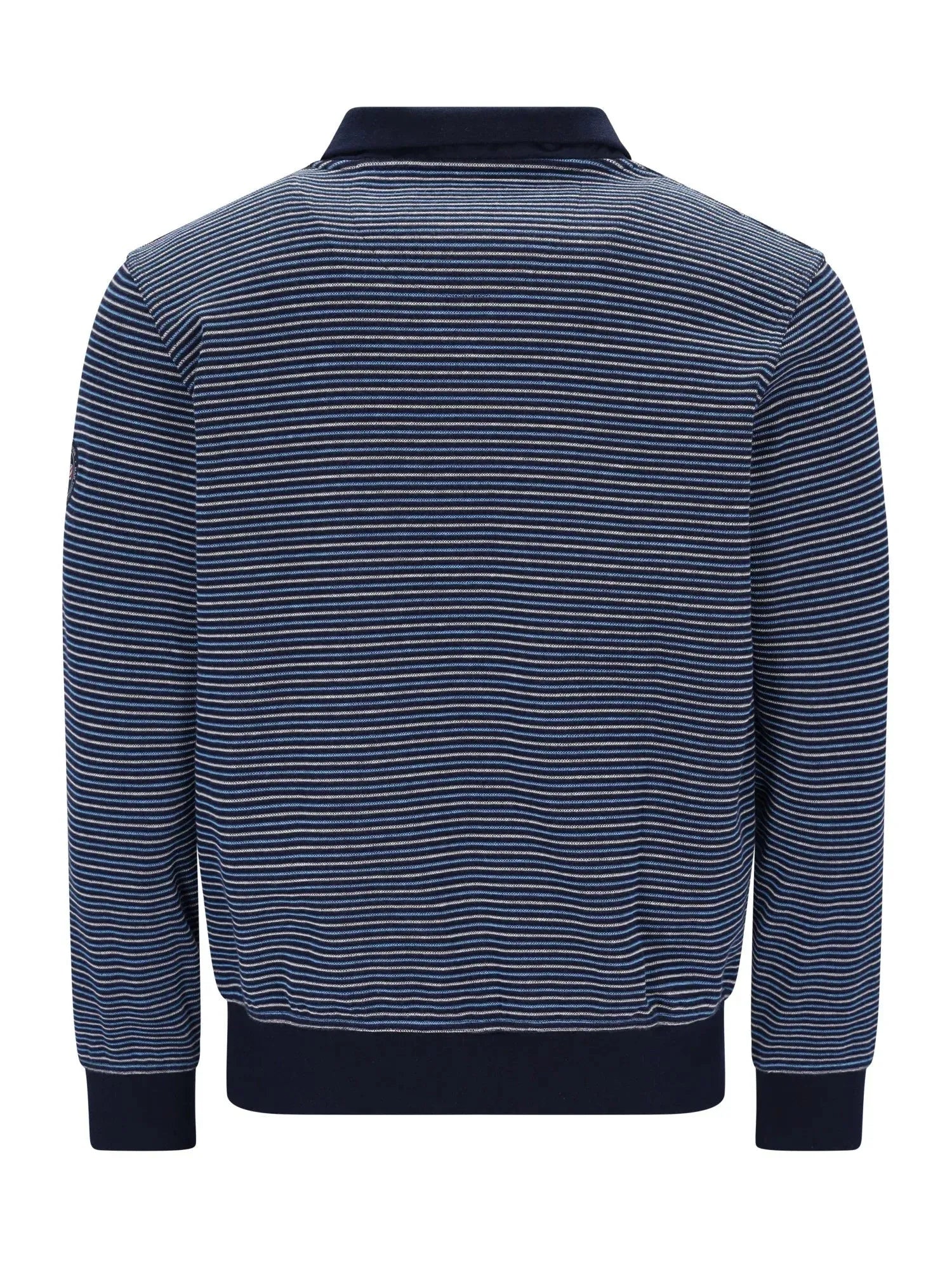 Marineblaues und weißes gestreiftes Poloshirt mit Kragen.