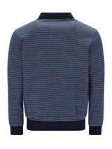Marineblaues und weißes gestreiftes Poloshirt mit Kragen.
