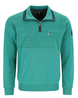 Grüner Pullover mit Reißverschluss, schwarzem Saum und Taschen-Details.