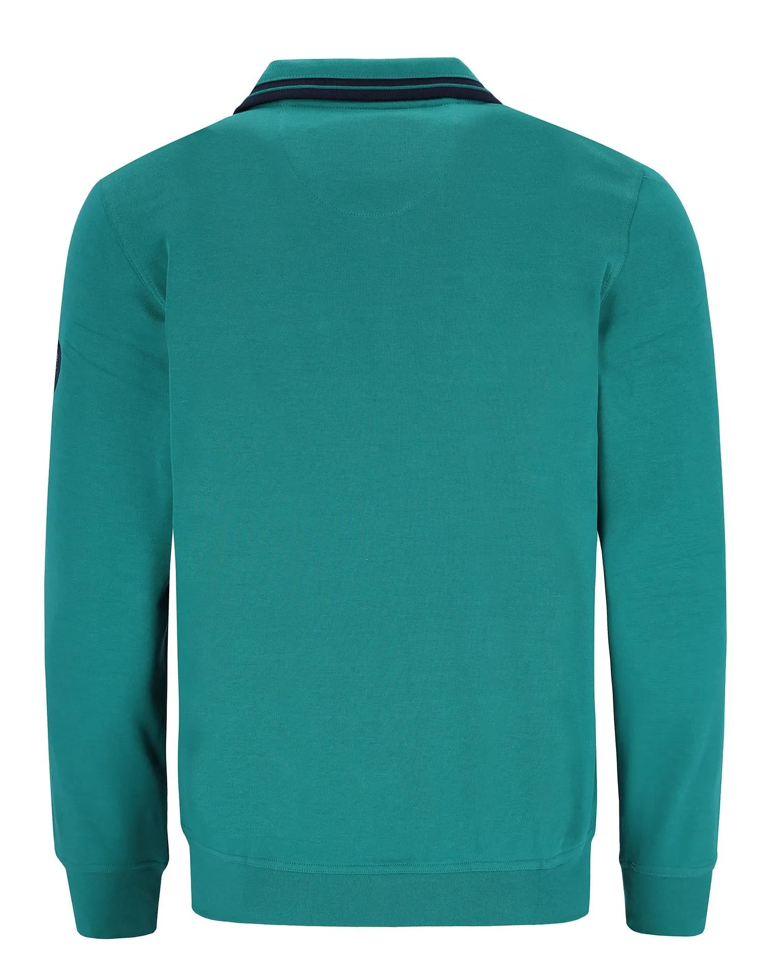 Blaugrünes Poloshirt mit schwarzem Besatz und Kragen, hergestellt aus Baumwolle.
