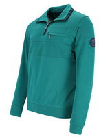 Blaugrüner Pullover mit Reißverschluss und marineblauem Saum und Logoaufnäher am Ärmel.