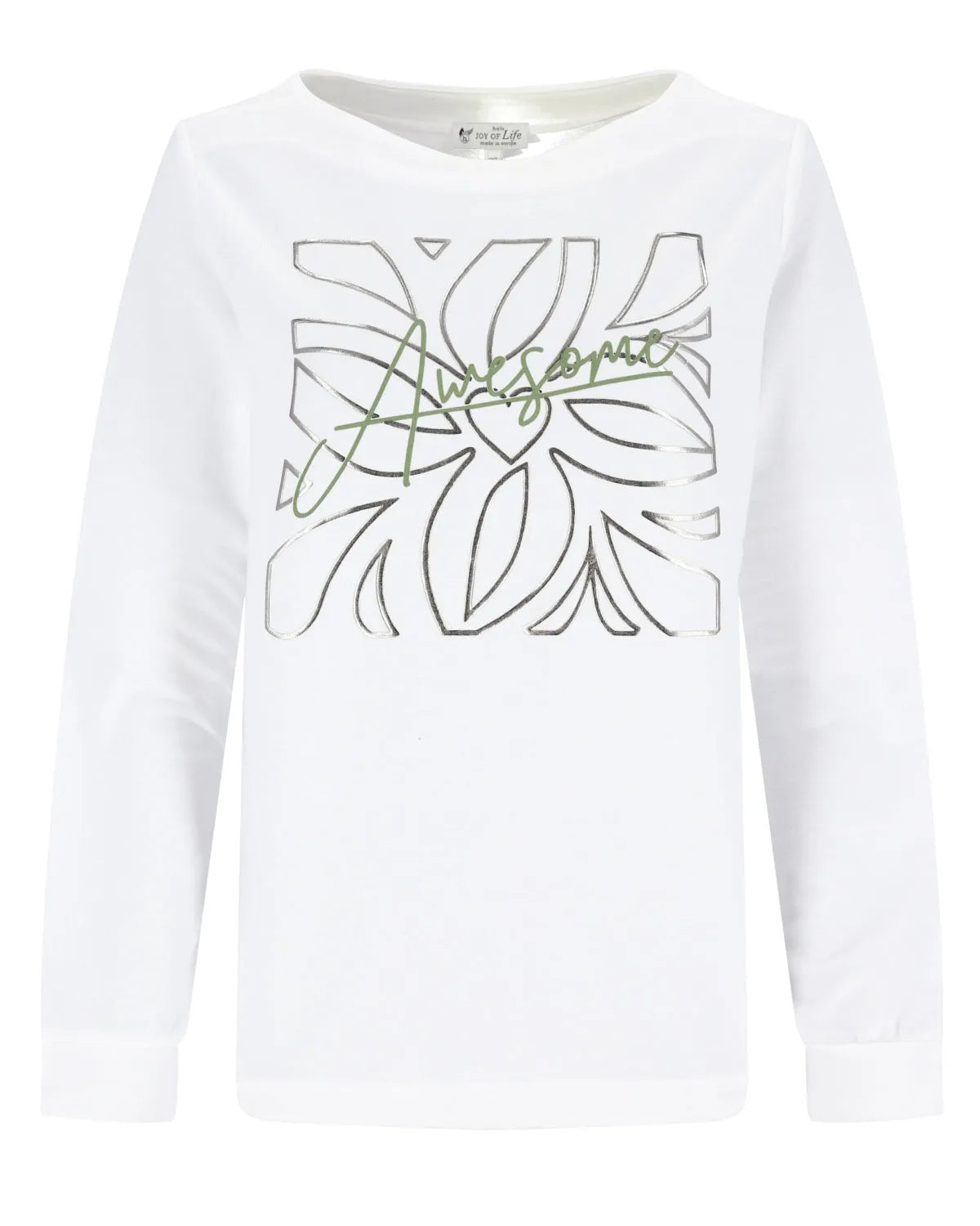 Weißes, langärmeliges Sweatshirt mit abstraktem Blumenmuster und silbernem Metallfaden.