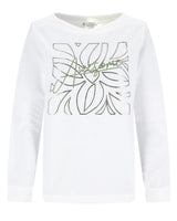 Weißes, langärmeliges Sweatshirt mit abstraktem Blumenmuster und silbernem Metallfaden.