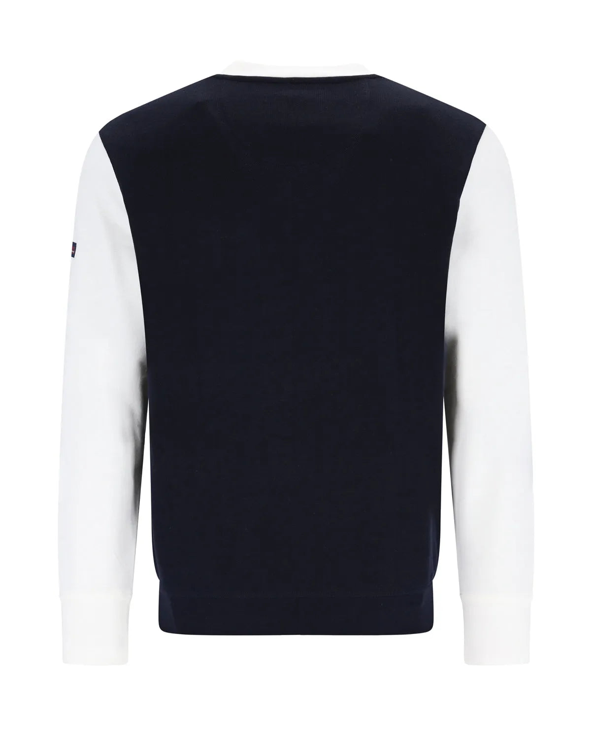 Marineblauer und weißer Pullover im Farbblockmuster mit Rippstrickstruktur.