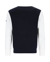 Marineblauer und weißer Pullover im Farbblockmuster mit Rippstrickstruktur.