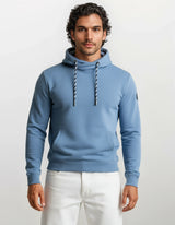 Blaues Hoodie mit Kordelzugkapuze und gerippten Bündchen, aus weichem Baumwollstoff.