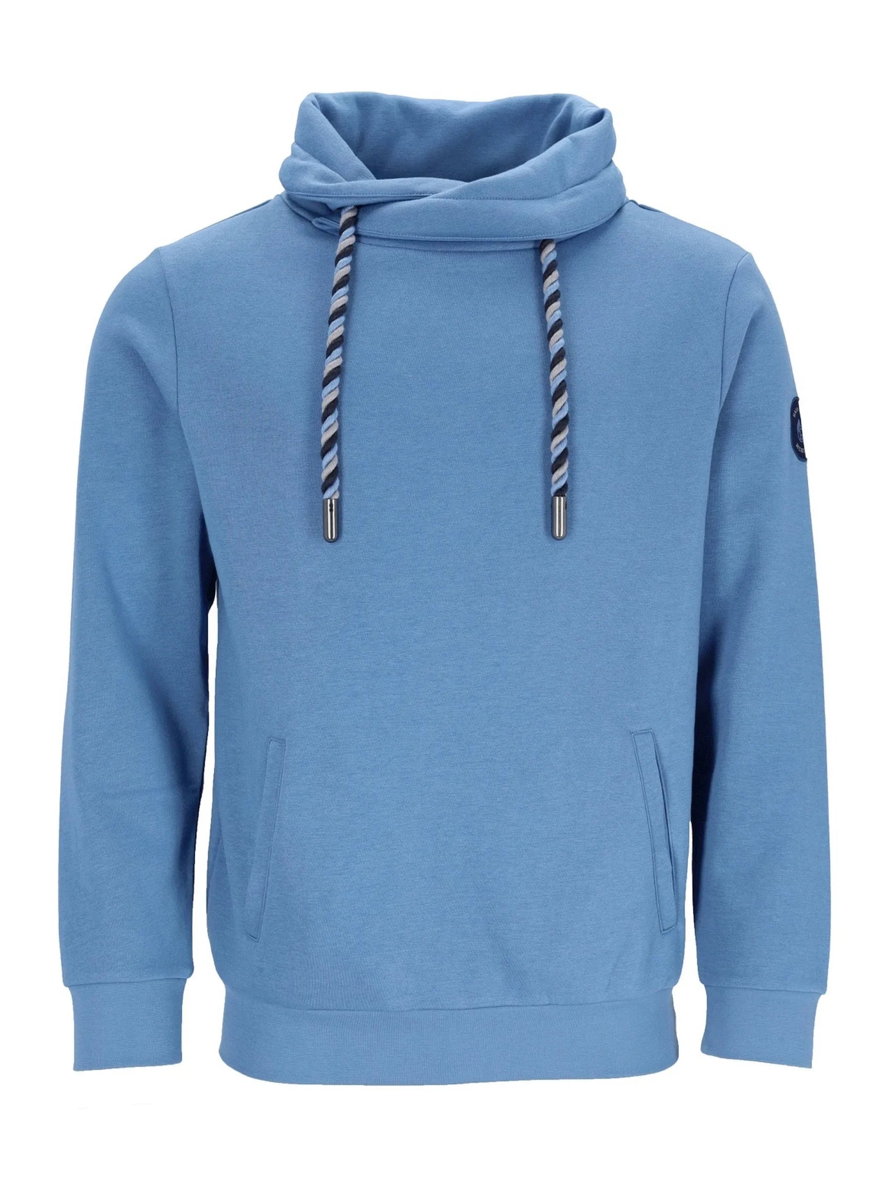 Hellblaue Kapuzenjacke mit verdrehten Kordeln und Patch am Ärmel.