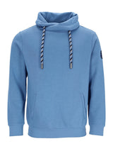 Hellblaue Kapuzenjacke mit verdrehten Kordeln und Patch am Ärmel.