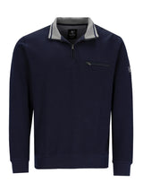 Marineblauer Reißverschluss-Pullover mit Kontrastkragen und Tasche, Design aus texturiertem Stoff.